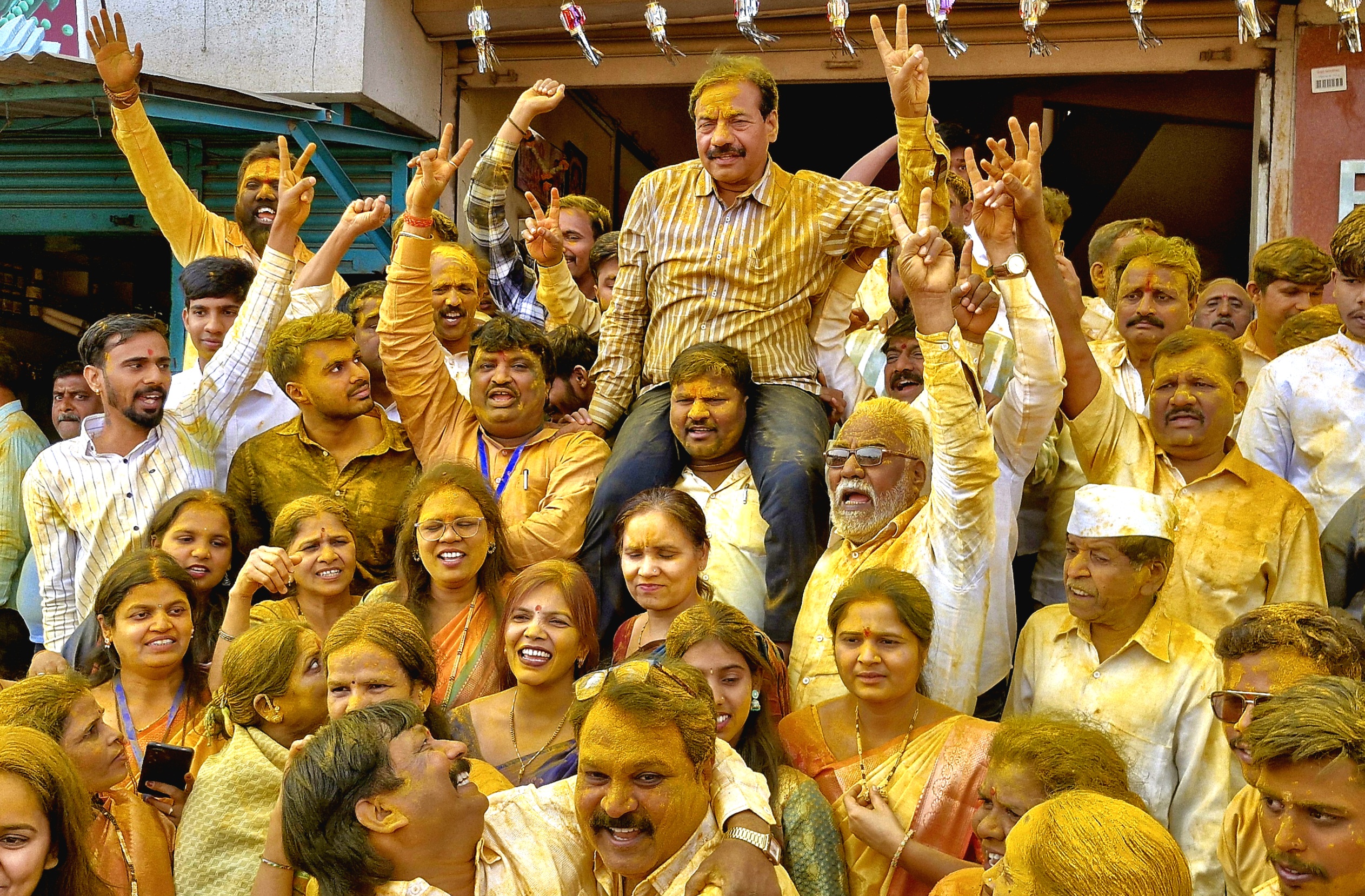 NCP workers celebrating the victory in Jejuri.
