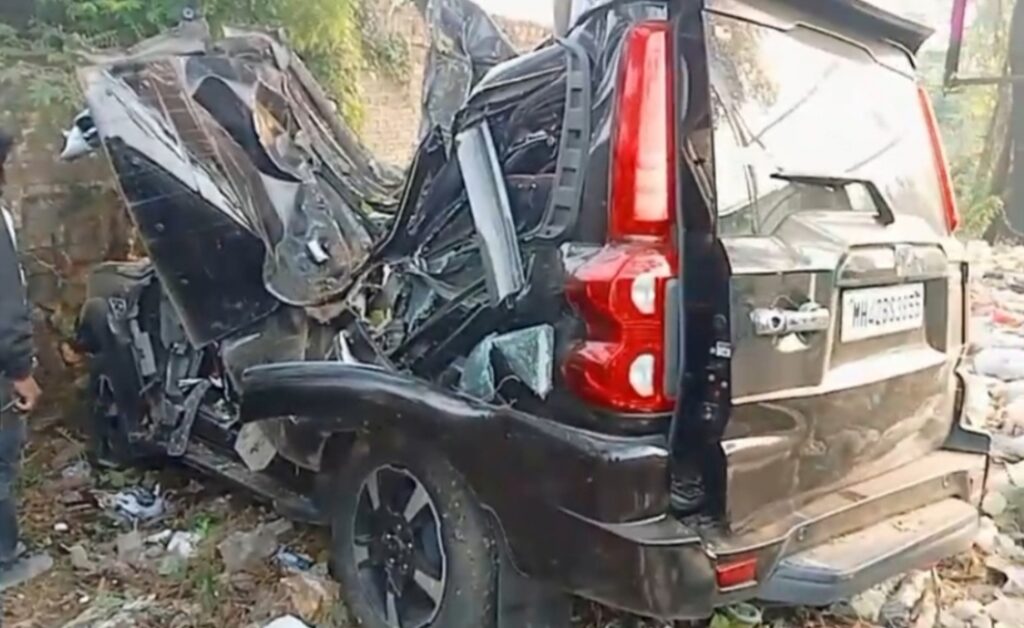 The mangled remains of the Scorpio (MH 42 BS 3855) following a high-speed collision with a tree near Prayagdham Phata on Friday morning.
