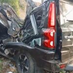 The mangled remains of the Scorpio (MH 42 BS 3855) following a high-speed collision with a tree near Prayagdham Phata on Friday morning.