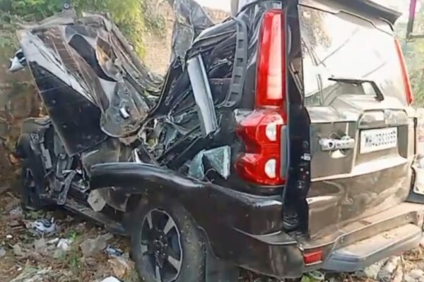 The mangled remains of the Scorpio (MH 42 BS 3855) following a high-speed collision with a tree near Prayagdham Phata on Friday morning.